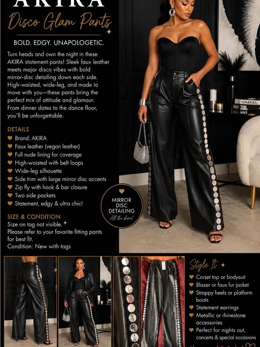 AKIRA Black Faux Leather Wide-Leg Pants with Silver Mirror Disc Trim